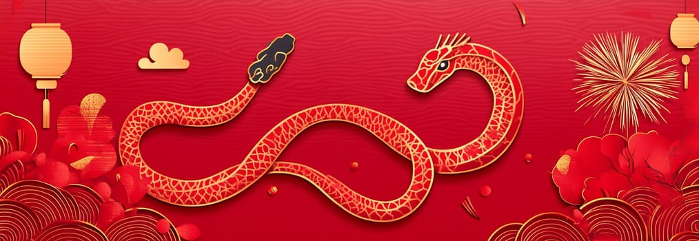 Bright red background features decorative dragon, lanterns, and fireworks, evoking Lunar New Year celebrations filled with joy.