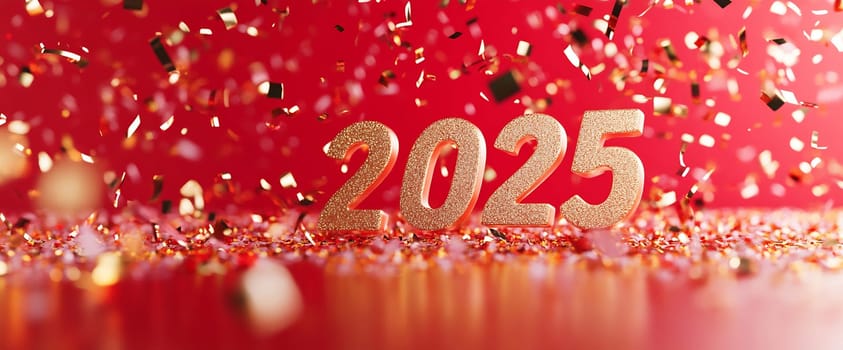 Golden 2025 numbers stand out against a red backdrop, surrounded by a joyful splash of confetti, marking the arrival of the new year.