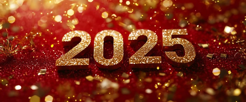 The glittering numbers representing 2025 are surrounded by colorful confetti on a vibrant red backdrop, celebrating the upcoming New Year.