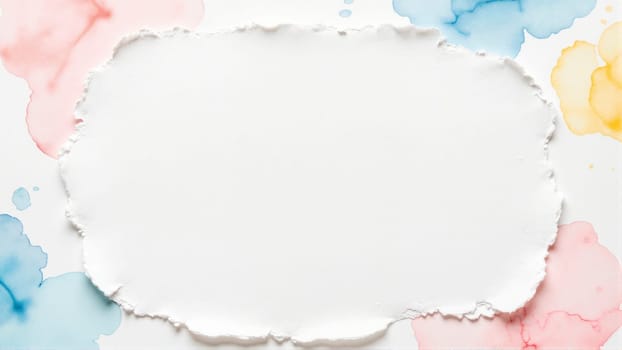 A white background with a colorful, torn piece of paper in the middle. The paper is torn in a way that it looks like it has been ripped apart. The colors of the paper are pink, yellow, and blue
