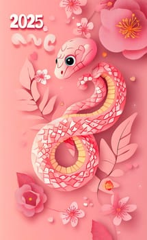 A decorative snake is depicted in soft pink tones, intertwined with floral elements, celebrating the arrival of 2025.