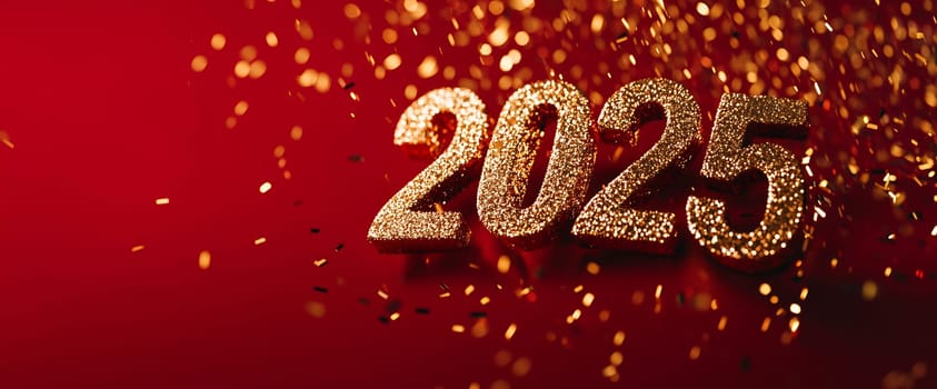 Golden numbers 2025 shine brightly amidst sparkling confetti on a festive red backdrop, welcoming the new year with joy.