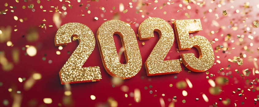Celebration of the New Year 2025 with golden numbers surrounded by colorful confetti on a bright red backdrop, creating a festive atmosphere.