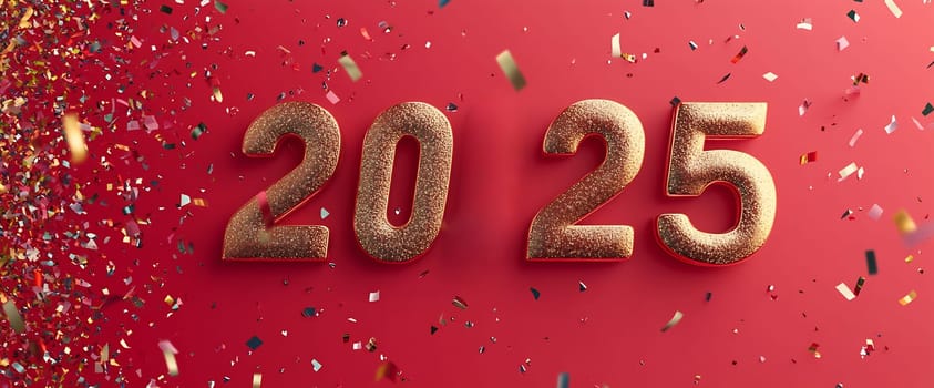The golden numbers representing the year 2025 are set against a bright red backdrop, surrounded by colorful confetti, celebrating the new year.