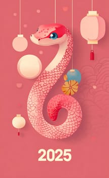 A vibrant snake adorned with decorative elements hangs amidst festive lanterns, symbolizing the Lunar New Year celebration for 2025.