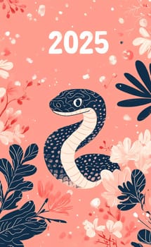 The artwork displays a playful black snake coiled among vibrant flowers and foliage, symbolizing growth and renewal for 2025.