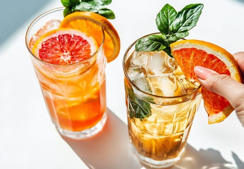 Two colorful cocktails with citrus slices and mint leaves are enjoyed poolside under the warm sun.