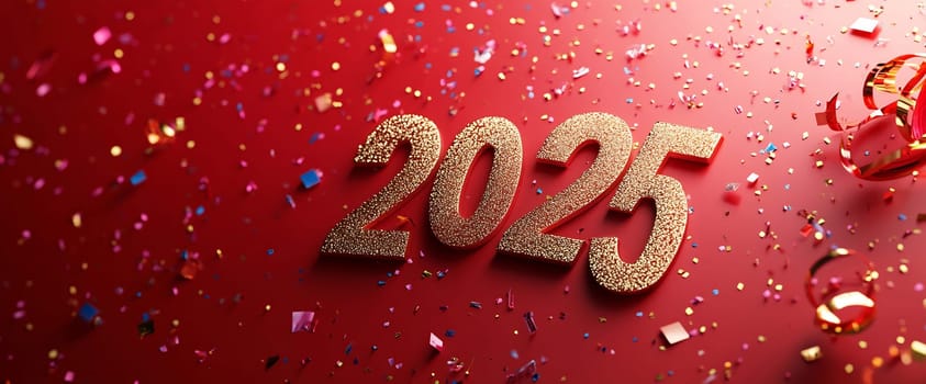 The year 2025 is adorned with glittering numerals and colorful confetti, creating a joyful atmosphere for New Year's celebrations.