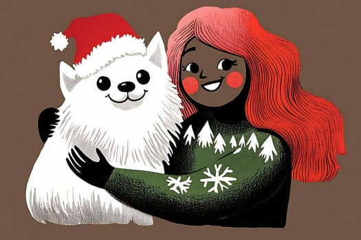 A cheerful girl with red hair hugs a fluffy white dog wearing a Santa hat, both enjoying the festive holiday spirit together.