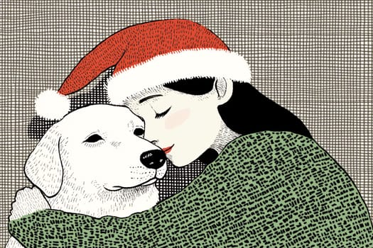 A woman wearing a festive hat shares a moment of affection with her white dog, emphasizing the joy of the holidays.