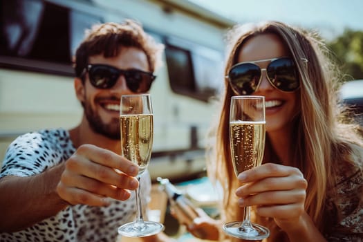 A couple enjoys a cheerful toast with champagne in their glasses, smiling brightly amid a sunny outdoor setting next to a camper van.