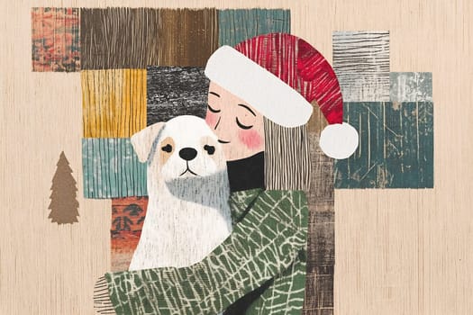 A woman wearing a holiday hat lovingly embraces her white dog, surrounded by a vibrant patchwork backdrop, conveying warmth and joy.