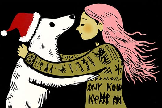 A girl with pink hair embraces a polar bear adorned with a Santa hat, sharing a moment of joy and warmth in winter.