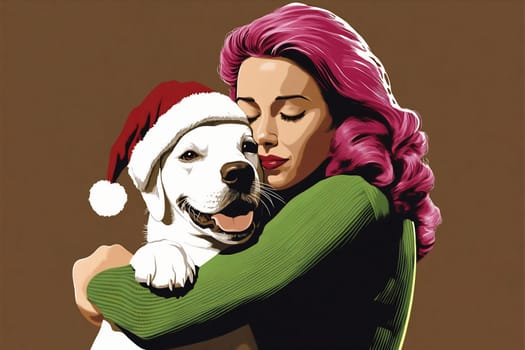 A joyful woman with pink hair hugs a smiling dog wearing a Santa hat, celebrating the spirit of the holidays together.