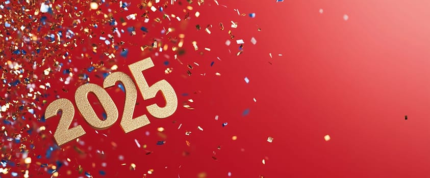 A vibrant display of golden 2025 digits surrounded by colorful confetti on a cheerful red background, welcoming the New Year.