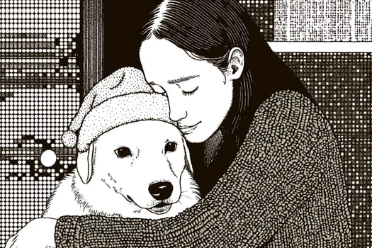 A girl gently hugs her golden retriever in a cozy indoor setting, both exuding warmth and joy during the holiday season.