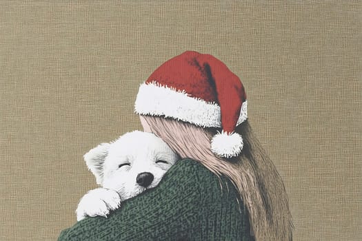 This delightful scene shows a girl wearing a Santa hat, joyfully embracing her fluffy white puppy, radiating holiday cheer.