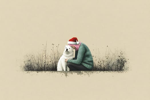 A person embraces a white dog while dressed in festive attire, creating a warm and loving atmosphere in a natural environment.