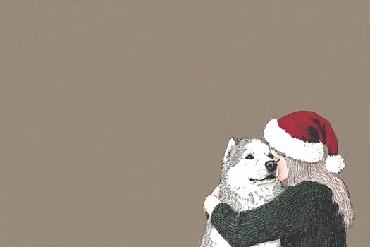 A girl with a Santa hat embraces her fluffy dog, sharing a warm and joyful moment during the holiday season.