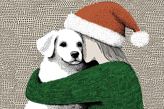 A person wearing a festive Santa hat lovingly hugs a white dog, capturing the joy of the holiday season with their warm connection.