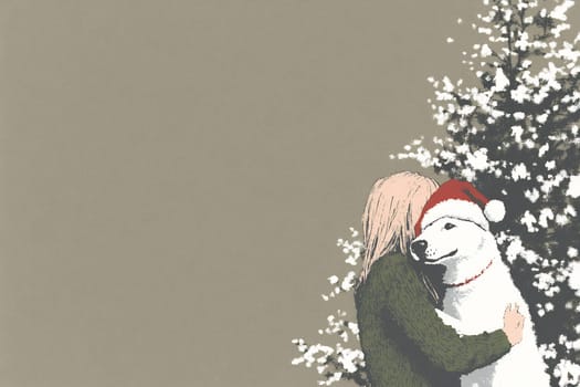 A woman lovingly hugs a white dog dressed in festive attire, surrounded by a beautifully decorated Christmas tree.