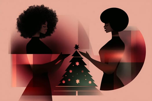 Two women stand facing each other, smiling, as they exchange gifts in front of a decorated Christmas tree during a joyful holiday season.