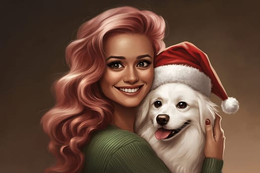 A joyful woman with pink hair embraces a fluffy white dog who is wearing a Santa hat, celebrating the festive season together.