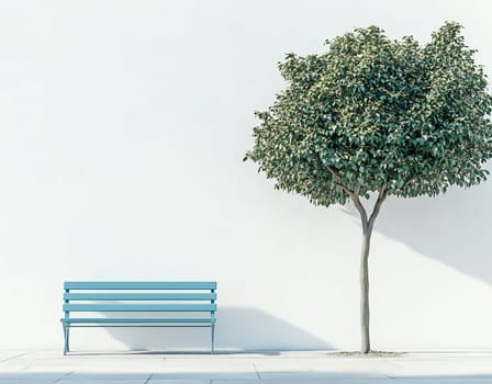 A serene setting features a blue park bench placed next to a lush green tree against a plain white wall.