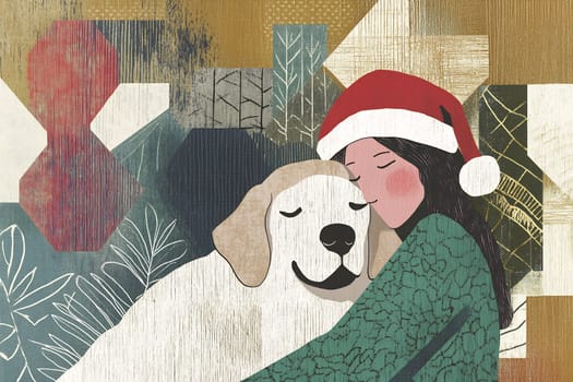 A girl wearing a holiday sweater enjoys a warm embrace with her golden retriever, surrounded by festive decorations.