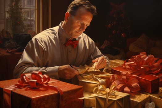 A man in a bow tie is meticulously decorating presents with ribbons in a cozy home setting, surrounded by festive decorations.