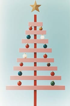 A uniquely designed pink Christmas tree stands tall with vibrant ornaments against a soft blue sky, creating a festive atmosphere.