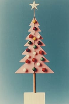 A pastel pink Christmas tree stands adorned with colorful baubles and topped with a star, adding a festive touch to the setting.
