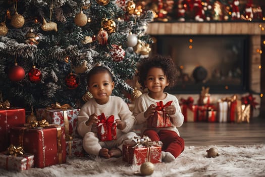 Two young kids holding gift boxes sit by a beautifully decorated Christmas tree, creating a joyful holiday atmosphere in their home.