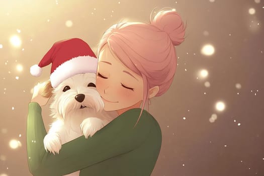 A girl with pink hair holds her small dog dressed in a Santa hat close, enjoying a special moment during the holiday season.