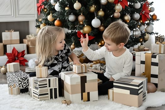 Two children excitedly explore wrapped gifts while sitting on a soft rug near a festive Christmas tree adorned with decorations.