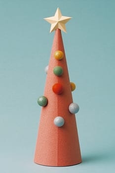 This festive paper Christmas tree features a star and colorful ornamental baubles placed on a soft blue backdrop.