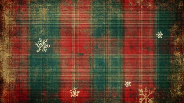 The vibrant plaid design features red, green, and white colors, adorned with delicate snowflakes, ideal for winter celebrations.