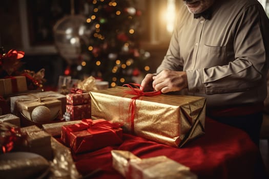 A person is wrapping a beautiful golden gift with a red ribbon among other colorful presents in a cozy holiday setting.