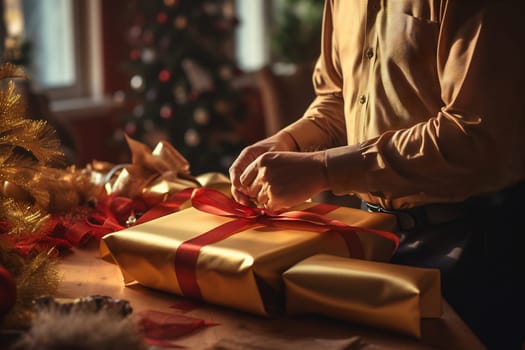 An individual carefully wraps a beautifully decorated gift, surrounded by holiday decorations and a Christmas tree.