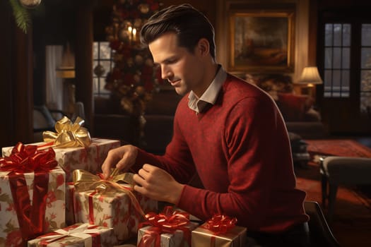 A man wrapped in a red sweater focuses on wrapping presents with decorative ribbons in a holiday-themed living room.