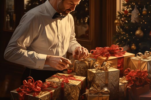 A man in a tuxedo focuses on arranging gold and red wrapped gifts near a festive Christmas tree adorned with lights.