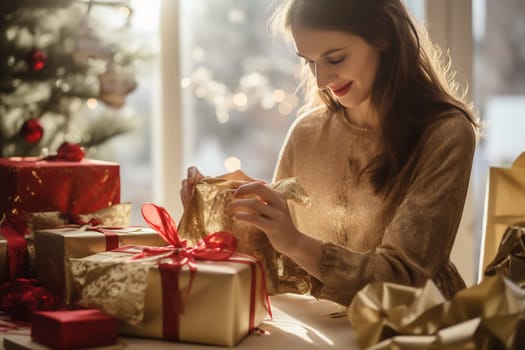 A woman enjoys unwrapping a golden gift surrounded by colorful presents in a warm, festive atmosphere during the holiday season.