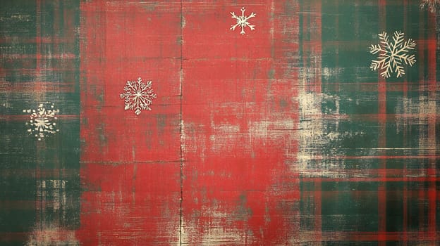 A vibrant plaid backdrop in red and green adorned with white snowflakes, enhancing the winter holiday spirit.