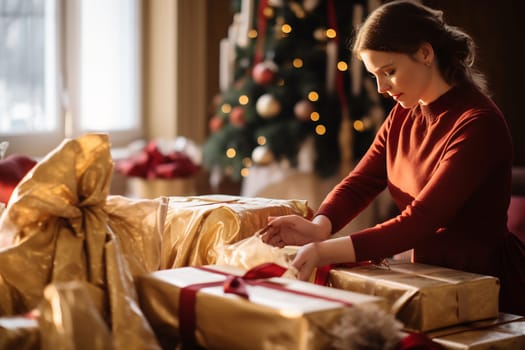 In a warm living room, a woman carefully wraps Christmas presents while surrounded by festive decorations and a glowing tree.