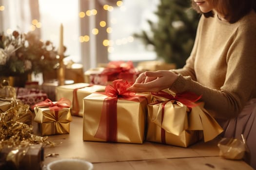 Wrapping beautifully packaged golden gifts with red ribbons in a warm holiday setting filled with decorations and lights.