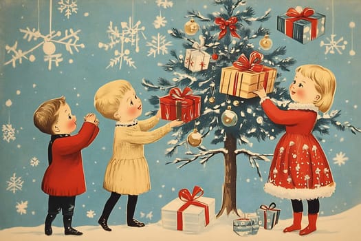 Three children excitedly place colorful presents under a beautifully decorated Christmas tree against a snowy backdrop.