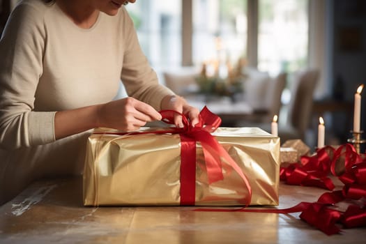 A person wraps a gold gift box with a red ribbon in a cozy living room, preparing for a festive celebration surrounded by warm lights.