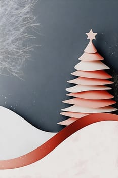 A paper cutout Christmas tree is displayed against a gray backdrop, complemented by white snow and decorative elements for a festive touch.