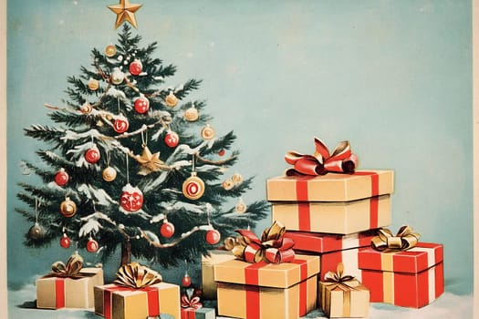 A decorated Christmas tree with ornaments, surrounded by multiple gifts wrapped in vibrant paper.