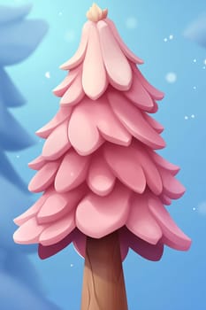 The pink tree, adorned with layered petals, contrasts beautifully against a serene blue backdrop, evoking a playful winter wonderland.